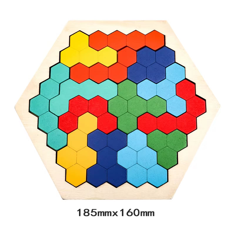 Wooden Hexagon Puzzle for Kid Shape Pattern Block Tangram Brain Teaser Toy Geometry Logic IQ Game Montessori Educational Gift