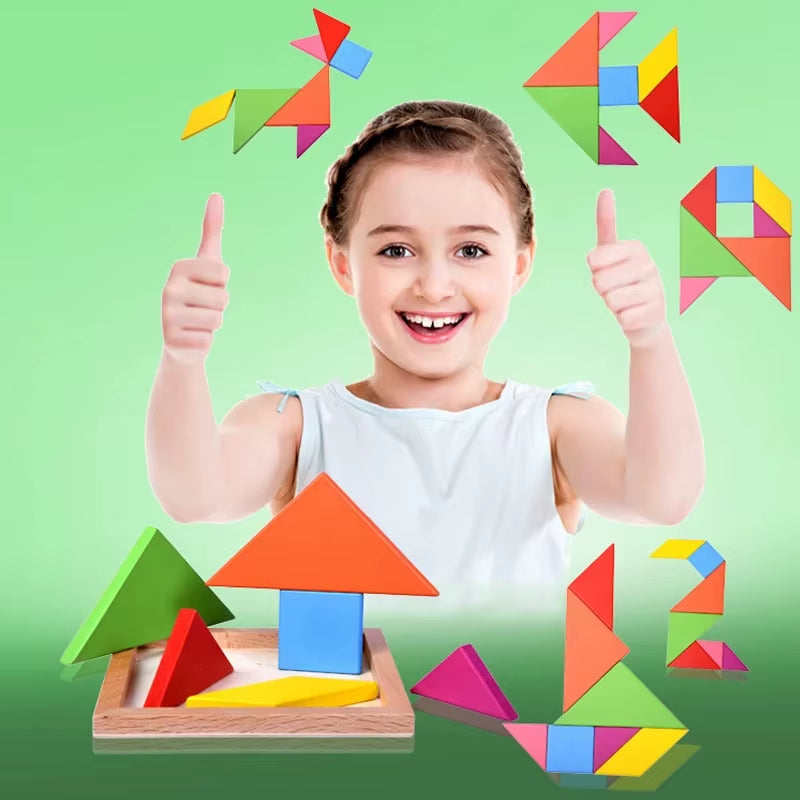 Wooden Tangram Puzzles for Kids with 7 Colored Pieces,Educational Brain Teaser Learning Toy for Boys and Girls Fun Party Favor