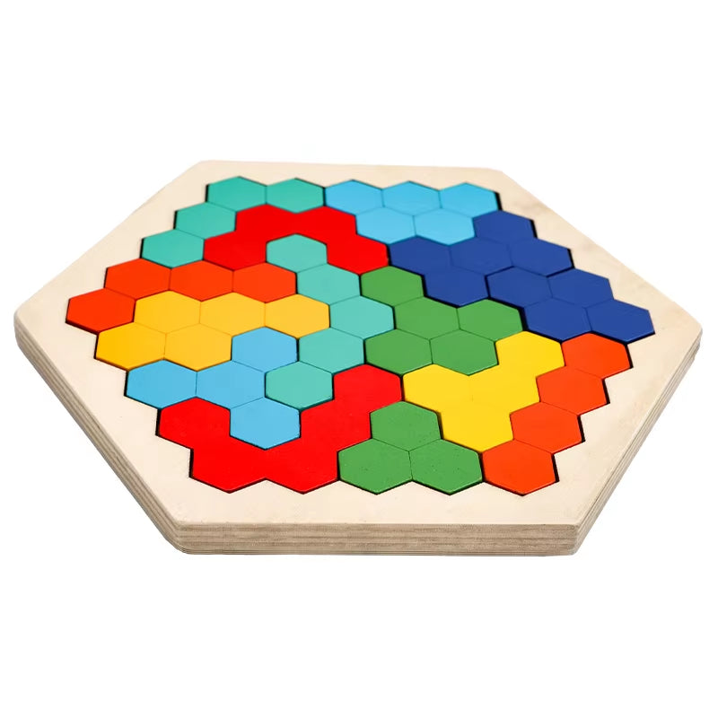 Wooden Hexagon Puzzle for Kid Shape Pattern Block Tangram Brain Teaser Toy Geometry Logic IQ Game Montessori Educational Gift