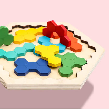Wooden Hexagon Puzzle for Kid Shape Pattern Block Tangram Brain Teaser Toy Geometry Logic IQ Game Montessori Educational Gift