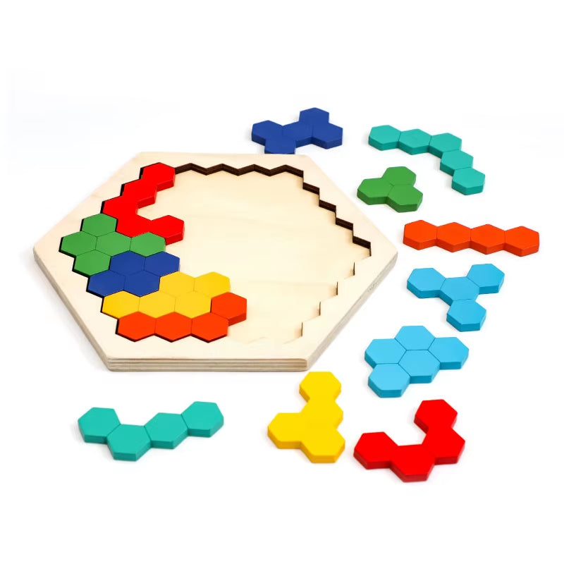 Wooden Hexagon Puzzle for Kid Shape Pattern Block Tangram Brain Teaser Toy Geometry Logic IQ Game Montessori Educational Gift