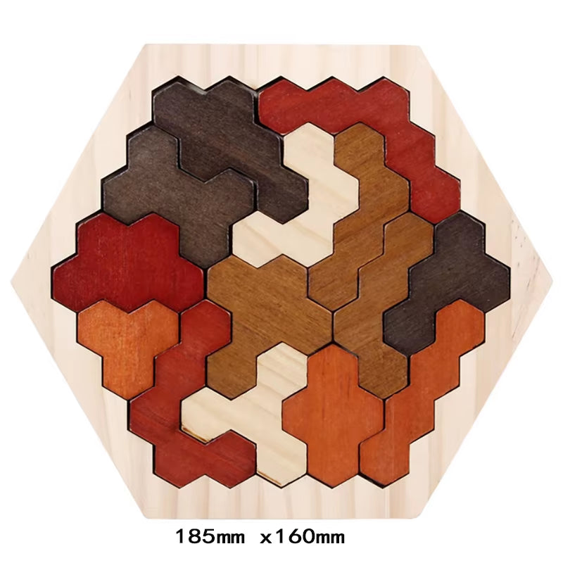 Wooden Hexagon Puzzle for Kid Shape Pattern Block Tangram Brain Teaser Toy Geometry Logic IQ Game Montessori Educational Gift