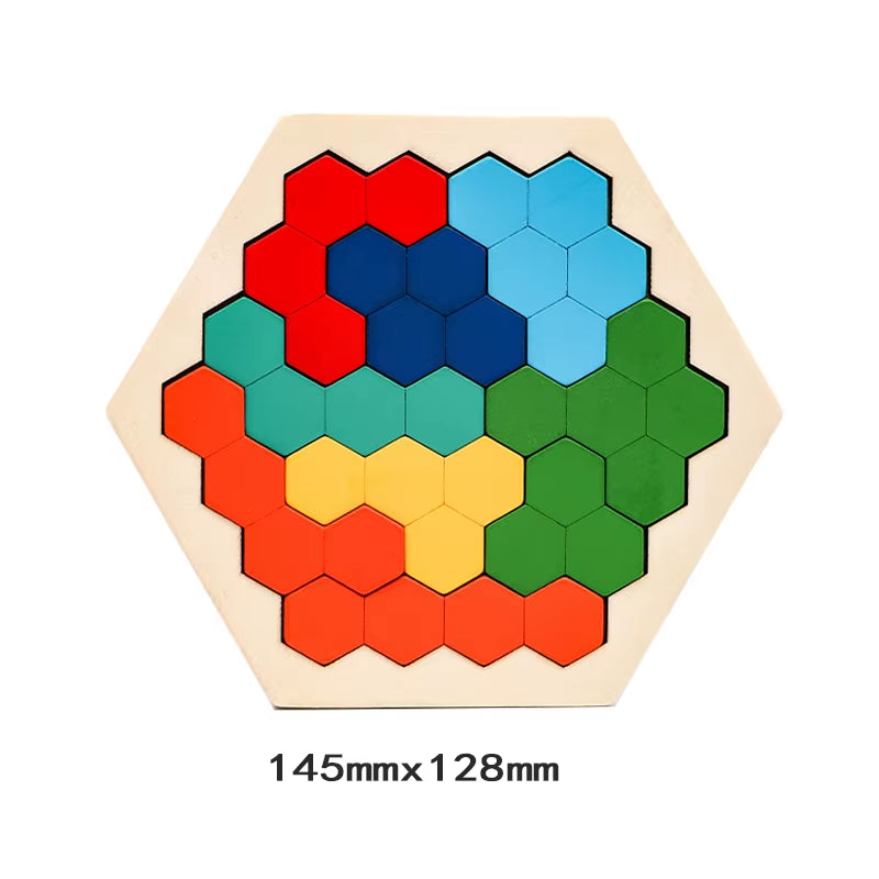Wooden Hexagon Puzzle for Kid Shape Pattern Block Tangram Brain Teaser Toy Geometry Logic IQ Game Montessori Educational Gift