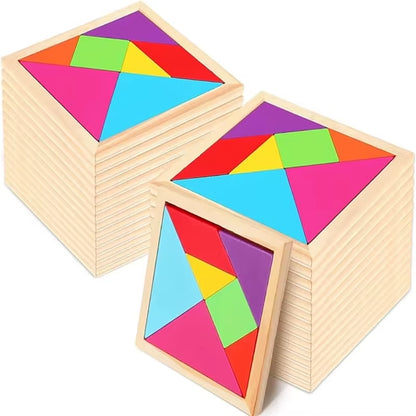 Wooden Tangram Puzzles for Kids with 7 Colored Pieces,Educational Brain Teaser Learning Toy for Boys and Girls Fun Party Favor